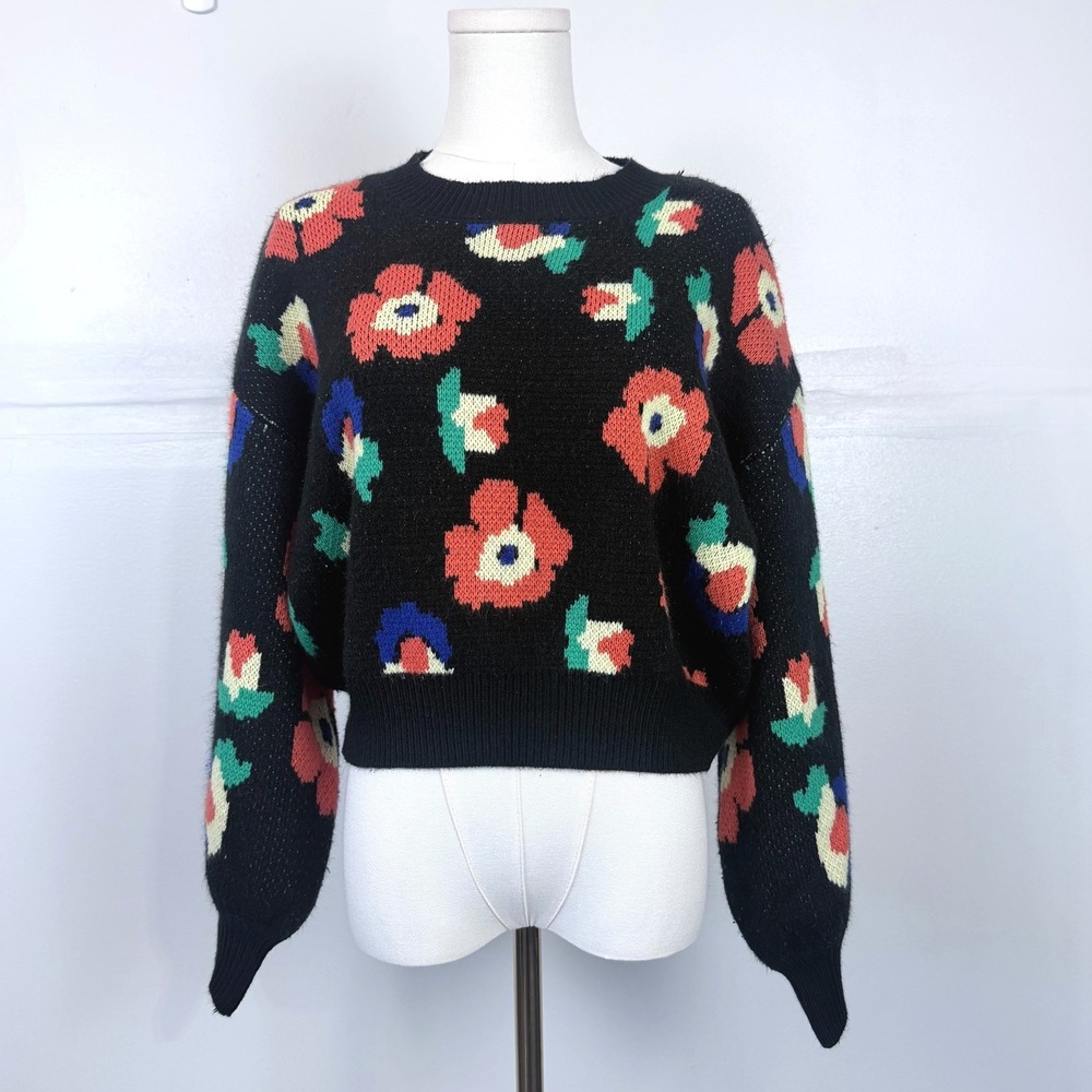 Sugar Lips Floral Intarsia Knit Sweater Black Abstract Poppy Cottagecore Small